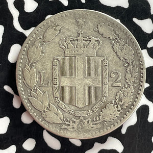 1887-R Italy 2 Lire Lot#T7402 Silver! Old Cleaning