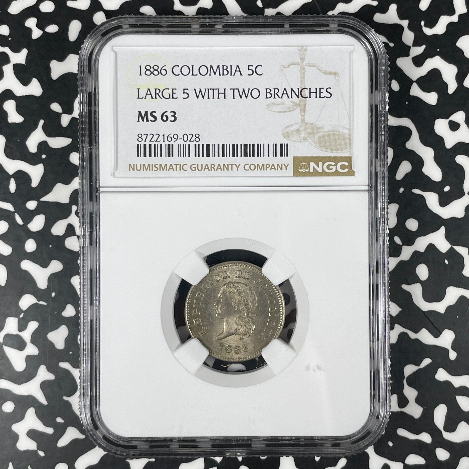 1886 Colombia 5 Centavos NGC MS63 Lot#G1786 Choice UNC! Large '5' W/ 2 Branches