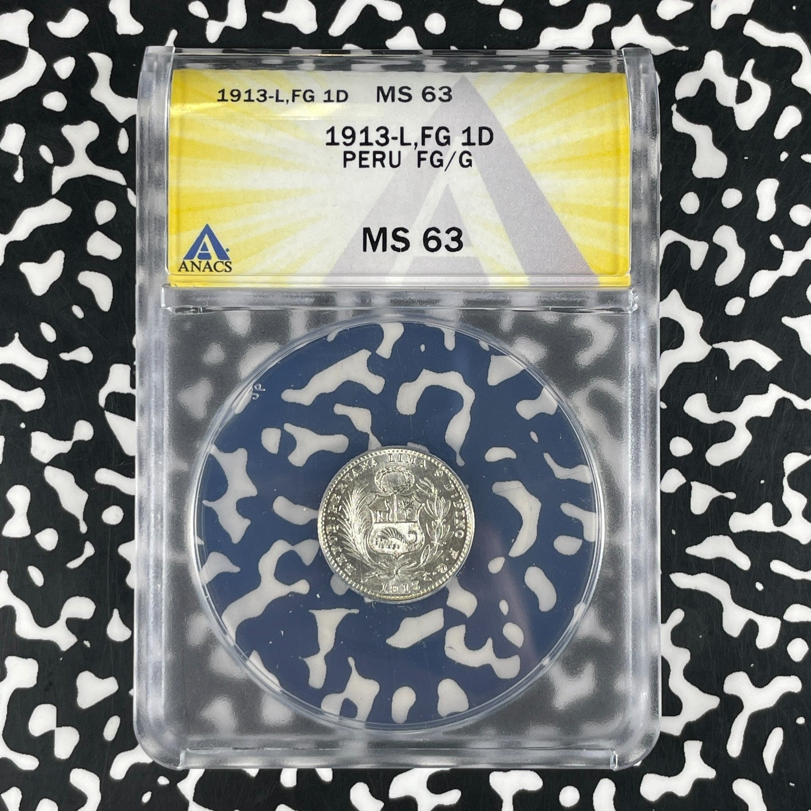 1913-L FG/G Peru 1 Dinero ANACS MS63 Lot#G1973 Silver! Choice UNC!