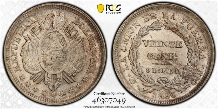 1893-PTS CB Bolivia 20 Centavos PCGS MS64 Lot#G2092 Silver! Solo Top Graded!
