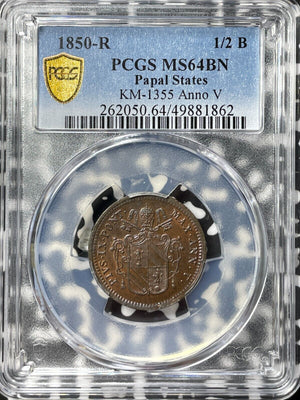 1850-R Papal States 1/2 Baiocco PCGS MS64BN Lot#G8238 Top Graded! KM#1355