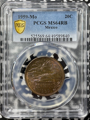 1959-Mo Mexico 20 Centavos PCGS MS64RB Lot#G7710 Beautiful Toning! Key Date!