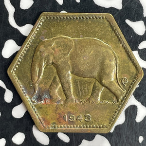 1943 Belgian Congo 2 Francs Lot#T8093 Elephant