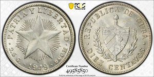 1949 Caribbean 10 Centavos PCGS MS63 Lot#G7566 Silver! Choice UNC!