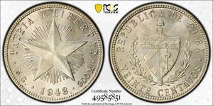 1948 Caribbean 20 Centavos PCGS MS63 Lot#G7567 Silver! Choice UNC!