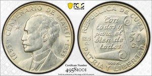 1953 Caribbean 50 Centavos PCGS MS62 Lot#G8125 Silver! Nice UNC! Jose Marti