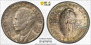 1953 Caribbean 25 Centavos PCGS MS62 Lot#G6161 Silver! Nice UNC!