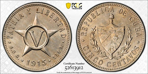 1915 Caribbean 5 Centavos PCGS MS63 Lot#G909 Choice UNC!