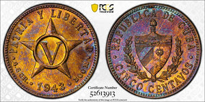 1943 Caribbean 5 Centavos PCGS MS63 Lot#G910 Beautiful Toning! Brass