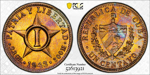 1943 Caribbean 1 Centavo PCGS MS63 Lot#G914 Beautiful Toning!