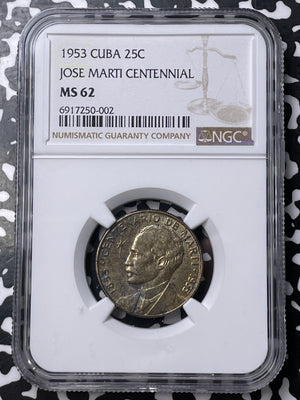 1953 Caribbean Jose Marti 25 Centavos NGC MS62 Lot#G9507 Silver! Nice UNC!