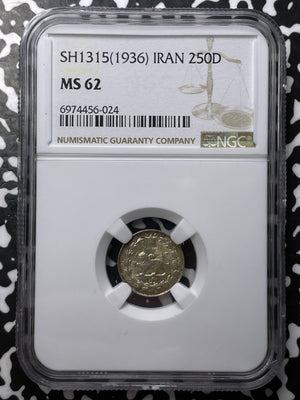 SH 1315 (1936) 250 Dinar NGC MS62 Lot#G7657 Silver! Nice UNC!