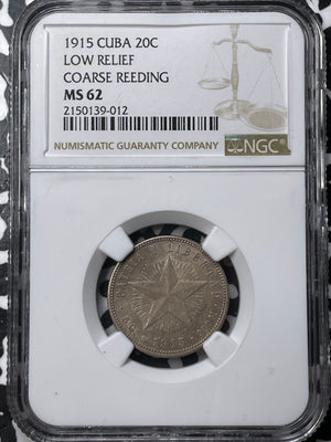 1915 Caribbean 20 Centavos NGC MS62 Lot#G6844 Silver! Low Relief
