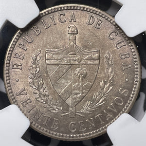 1915 Caribbean 20 Centavos NGC MS62 Lot#G6844 Silver! Low Relief