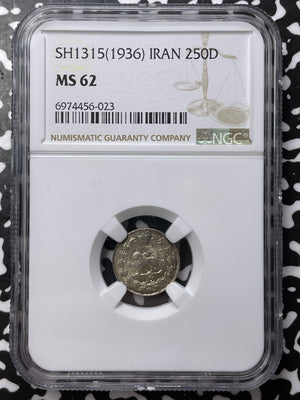 SH 1315 (1936) 250 Dinar NGC MS62 Lot#G7664 Silver! Nice UNC!