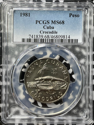 1981 Caribbean 1 Peso PCGS MS68 Lot#G5279 Gem BU! Crocodile, Solo Top Graded!