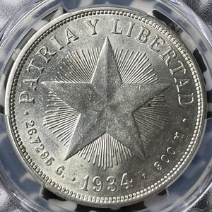 1934 Caribbean 1 Peso PCGS AU58 Lot#G7307 Large Silver! KM#15.2