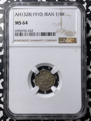 AH 1328 (1910) 1/4 Qiran NGC MS64 Lot#G8699 Silver! Choice UNC!