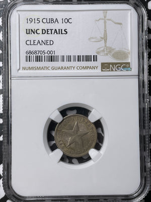 1915 Caribbean 10 Centavos NGC Cleaned-UNC Details Lot#G6538 Silver!