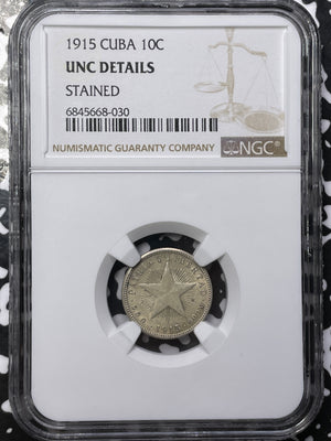 1915 Caribbean 10 Centavos NGC Stained-UNC Details Lot#G6155 Silver!