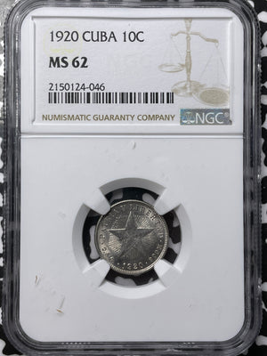 1920 Caribbean 10 Centavos NGC MS62 Lot#G6889 Silver! Nice UNC!
