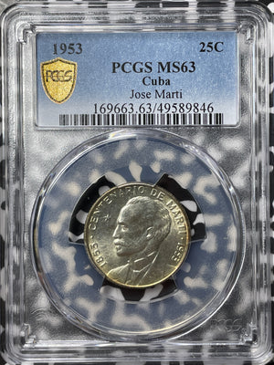 1953 Caribbean 25 Centavos PCGS MS63 Lot#G7716 Silver! Jose Marti