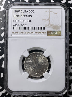 1920 Caribbean 20 Centavos NGC Obv. Stain-UNC Details Lot#G8821 Silver!