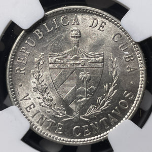 1920 Caribbean 20 Centavos NGC Obv. Stain-UNC Details Lot#G8821 Silver!