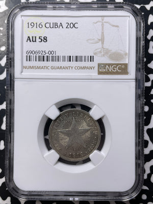 1916 Caribbean 20 Centavos NGC AU58 Lot#G8923 Silver!