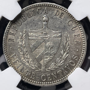 1916 Caribbean 20 Centavos NGC AU58 Lot#G8923 Silver!