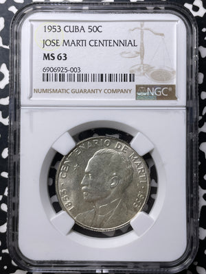 1953 Caribbean Jose Marti 50 Centavos NGC MS63 Lot#G8925 Silver! Choice UNC!