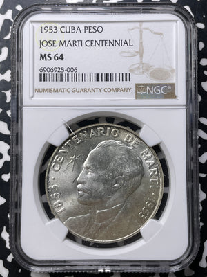 1953 Caribbean Jose Marti 1 Peso NGC MS64 Lot#G8928 Silver! Choice UNC!