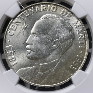 1953 Caribbean Jose Marti 1 Peso NGC MS64 Lot#G8928 Silver! Choice UNC!