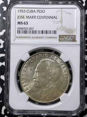 1953 Caribbean Jose Marti 1 Peso NGC MS63 Lot#G8929 Silver! Choice UNC!