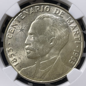 1953 Caribbean Jose Marti 1 Peso NGC MS63 Lot#G8929 Silver! Choice UNC!