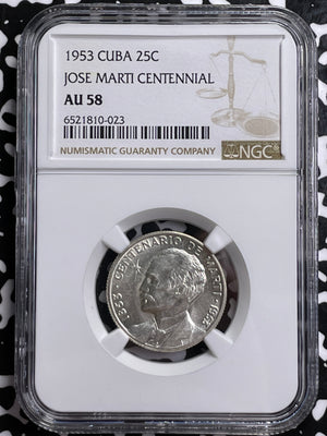 1953 Caribbean 25 Centavos NGC AU58 Lot#G4777 Silver! Jose Marti