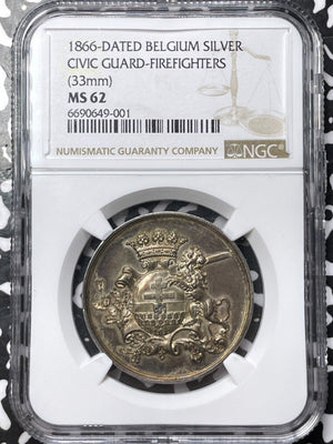 1866 Belgium Civic Guard Of Firefighters Medal NGC MS62 Lot#G6890 Silver! 33mm