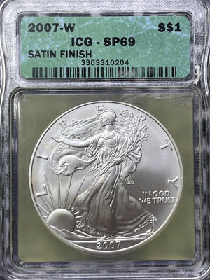 2007-W US $1 Dollar American Silver Eagle ICG SP69 Lot#G6111 .999, 1 Oz. Gem BU!