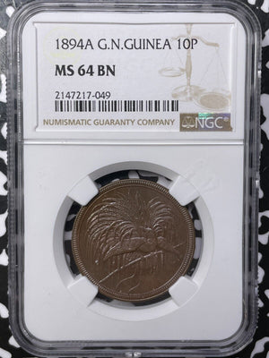 1894-A German New Guinea 10 Pfennig NGC MS64BN Lot#G6052 Choice UNC!