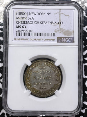 (1850s) U.S. NY Chesebrough Stearns & Co. Trade Token NGC MS63 Lot#G4953