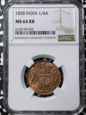1858 India 1/4 Anna NGC MS64RB Lot#G6813 Choice UNC!