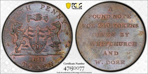 1811 G.B. Whitchurch & Dore 1 Penny Bath Token PCGS MS63BN Lot#G5542 Withers-15a