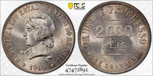 1908 Brazil 2000 Reis PCGS MS63 Lot#G5152 Silver! Choice UNC!
