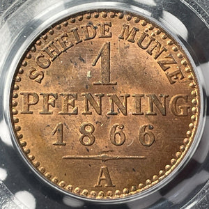 1866-A Germany Prussia 1 Pfennig PCGS MS65RD Lot#G6322 Gem BU! Solo Top Graded!