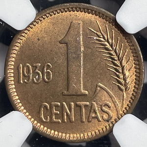 1936 Lithuania 1 Centas NGC MS65RB Lot#G6707 Gem BU!