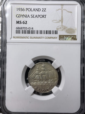 1936 Poland 2 Zlote NGC MS62 Lot#G6548 Silver! Nice UNC!