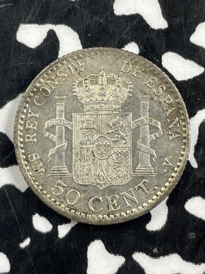 1904(04) Spain 50 Centimos Lot#M2464 Silver! High Grade! Beautiful!