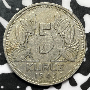 1943 Turkey 5 Kurus (3 Available) (1 Coin Only)