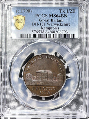 (c.1790) G.B. Warwickshire Kempsons 1/2 Penny Conder Token PCGS MS64BN Lot#G6773