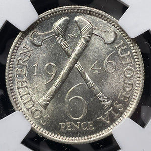 1946 Southern Rhodesia 6 Pence Sixpence NGC MS62 Lot#G5348 Silver! Nice UNC!
